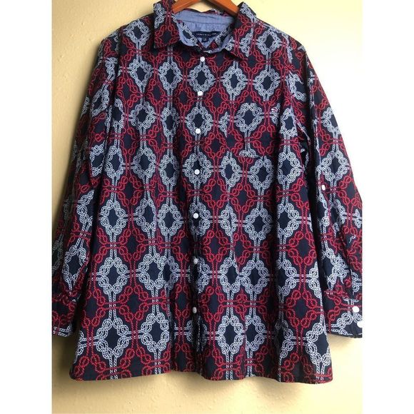 TOMMY HILFIGER Navy w/ Red & White Knotted Rope Print Tabbed Sleeve Shirt Sz 1X - Picture 3 of 13